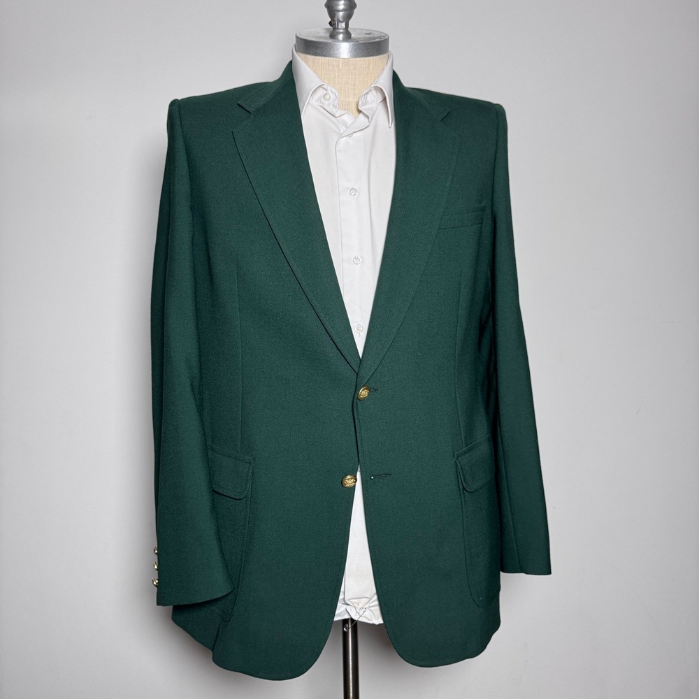 Kingsridge Blazer Mens 42L‎ Green Solid Wool Two Button Gold Tone Sport Coat